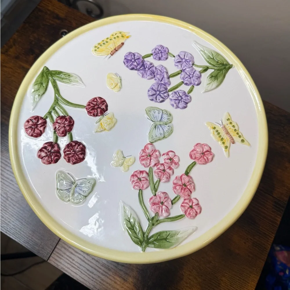 Gibson Pedestal Cake Plate featuring floral butterfly design “Home Sweet Home”
